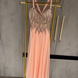 Jovani Strapless Peach and Silver Beaded Dress